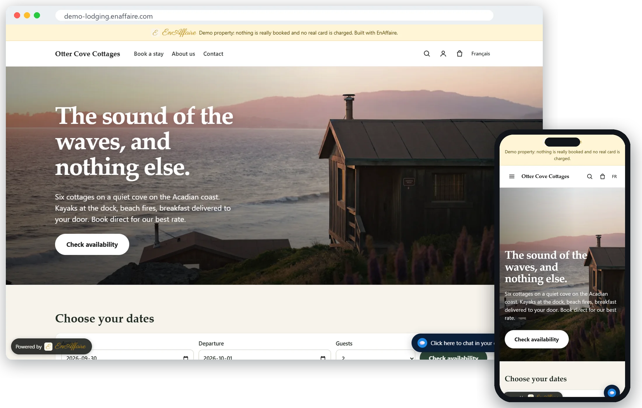 Otter Cove Cottages, a demo cottage website with a booking engine, on a laptop and a phone