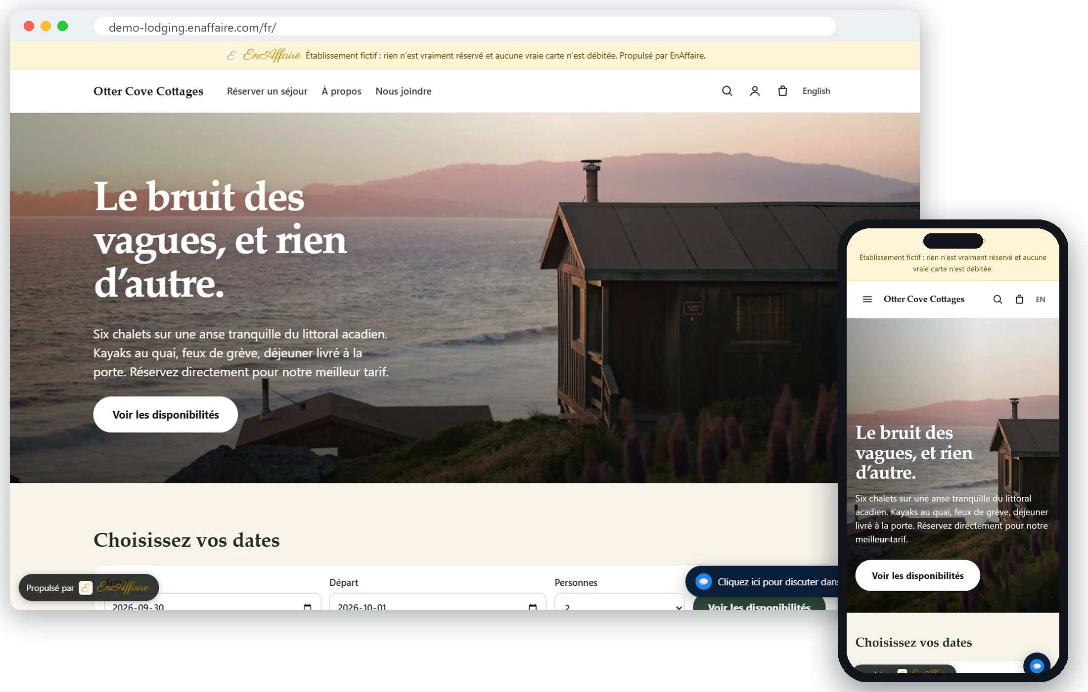 Otter Cove Cottages, un site d&rsquo;hébergement fictif avec moteur de réservation, sur un portable et un téléphone