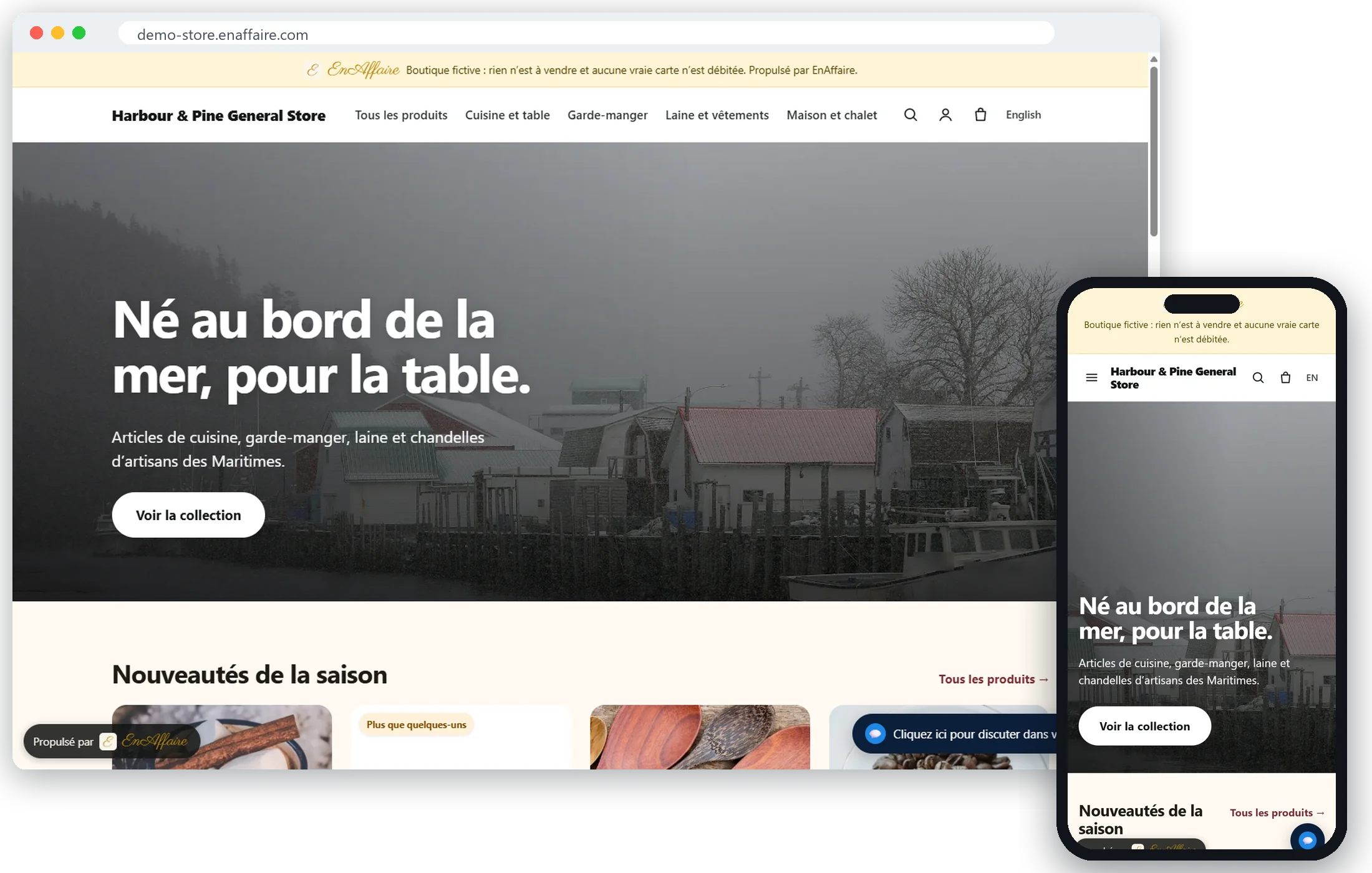 Harbour & Pine General Store, une boutique en ligne fictive avec collections, avis et paiement, sur un portable et un téléphone