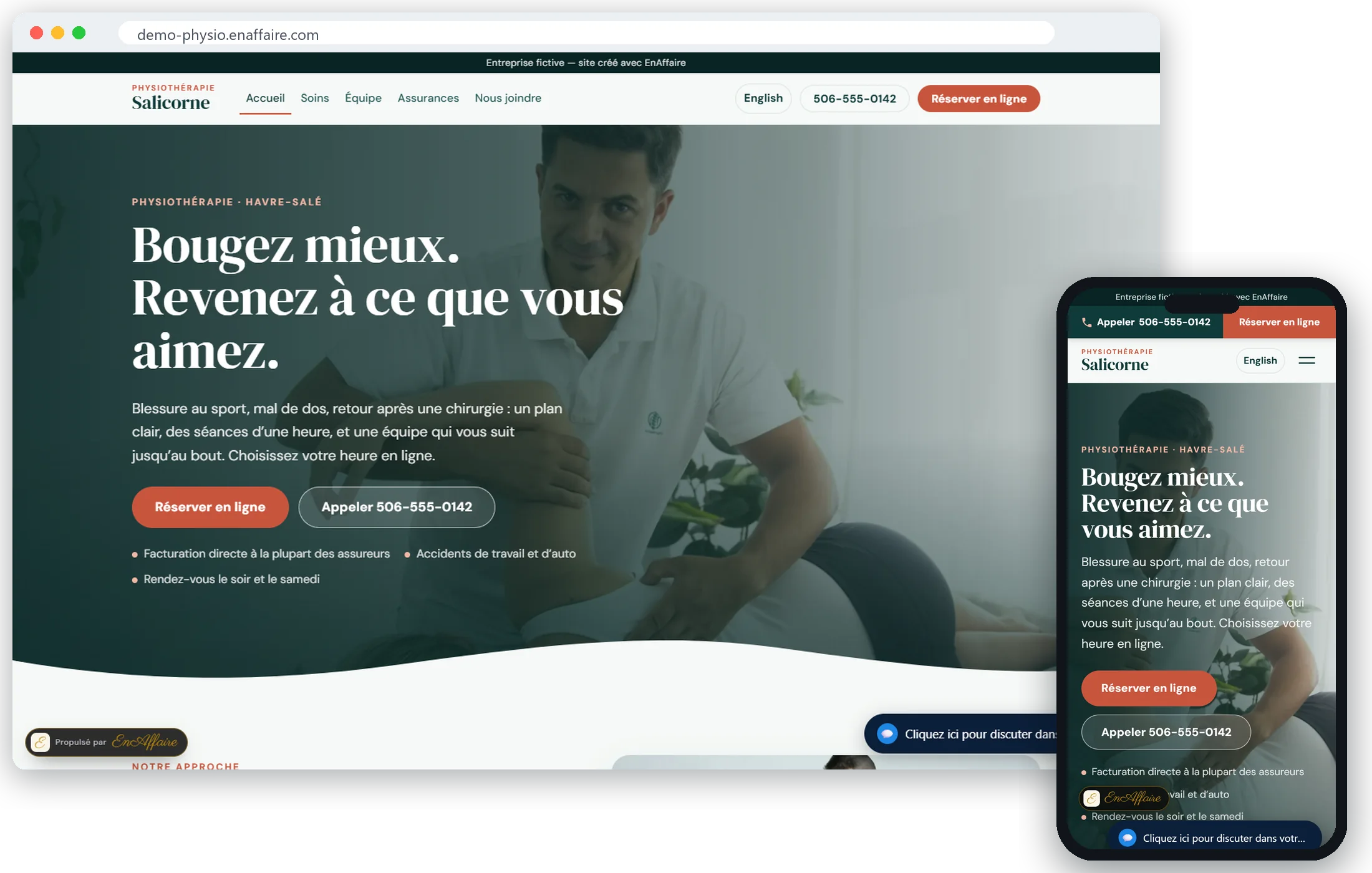 Salicorne Physiothérapie, un site de clinique fictive avec prise de rendez-vous en ligne, sur un portable et un téléphone