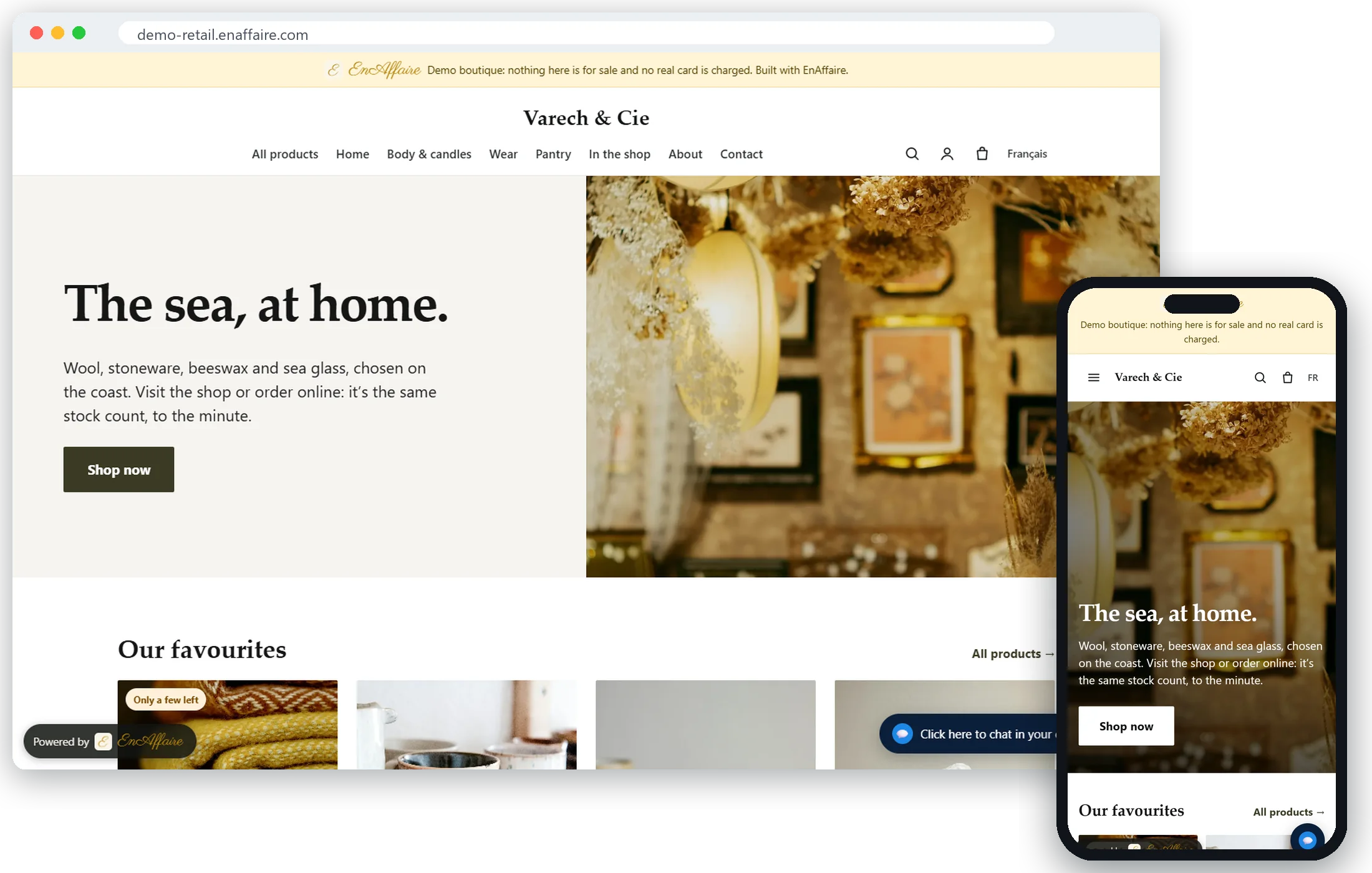 Varech & Cie, a demo boutique whose website and in-store till share one stock count, on a laptop and a phone