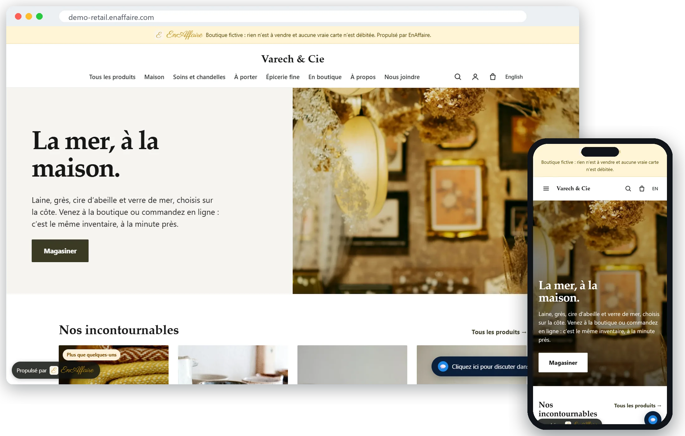 Varech & Cie, une boutique fictive dont le site et la caisse en boutique partagent le même inventaire, sur un portable et un téléphone