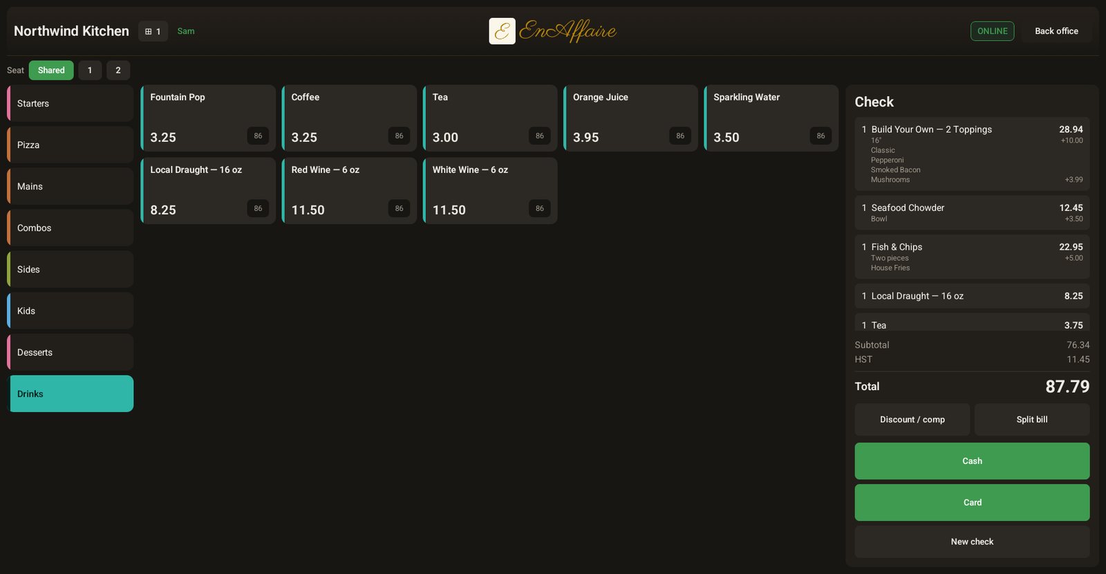 A dine-in check on the EnAffaire till: seats, modifiers, HST and the cash and card buttons