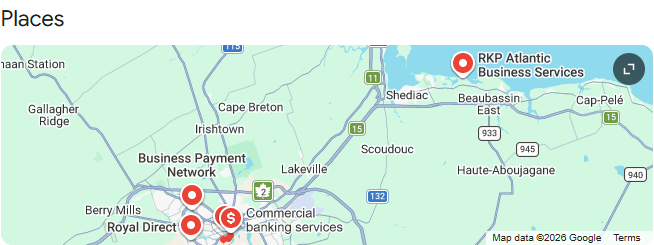 Google local map for the search 'credit card processing moncton', showing RKP Atlantic Business Services pinned near Grand-Barachois alongside other local providers